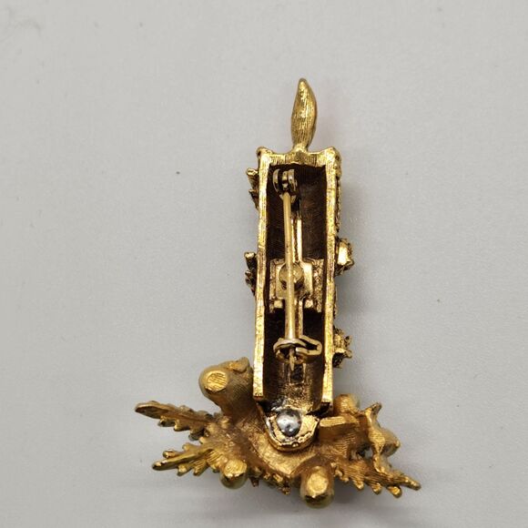 Christmas Candle Pin Red Rhinestone Enamel Brooch Mode-Art Vtg Costume Jewelry - Picture 4 of 6